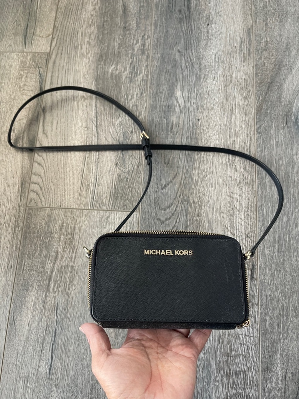 Michael Kors Black Leather Saffiano Crossbody Wallet with Gold Logo